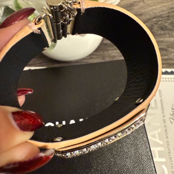 CHANEL Large Silver Crystal CC Leather Bracelet - Picture 6 of 11